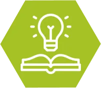 A green hexagonal icon with an open book and light bulb.