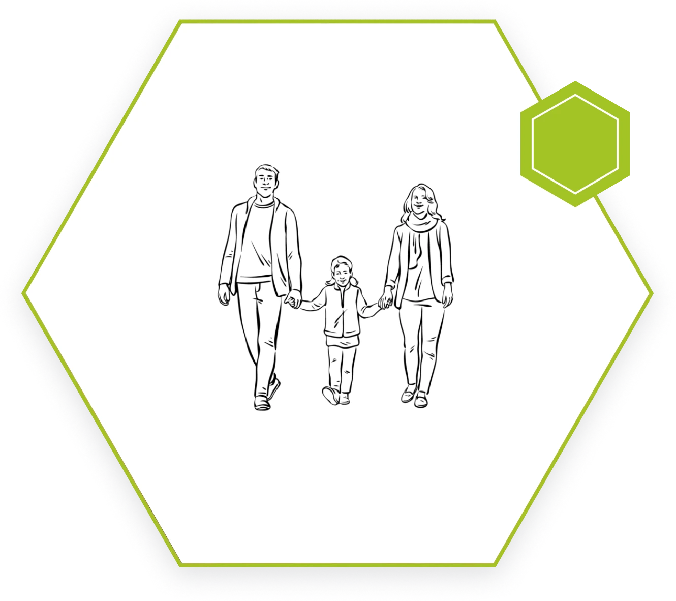 A drawing of two people and a child holding hands.