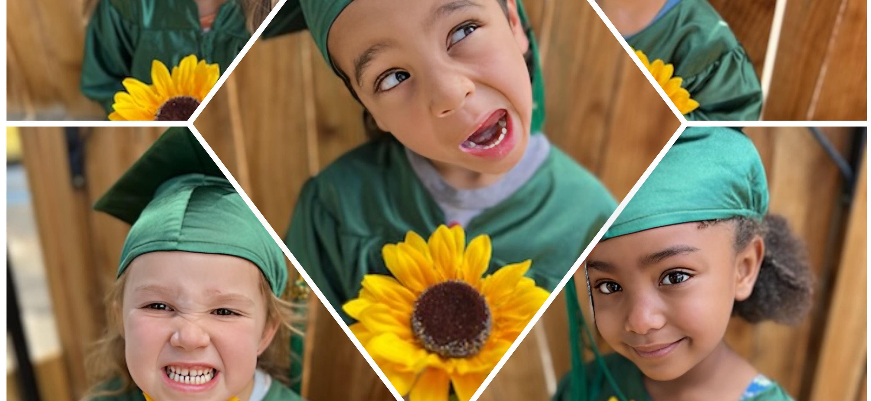 A collage of children with hats and one child holding a sunflower.