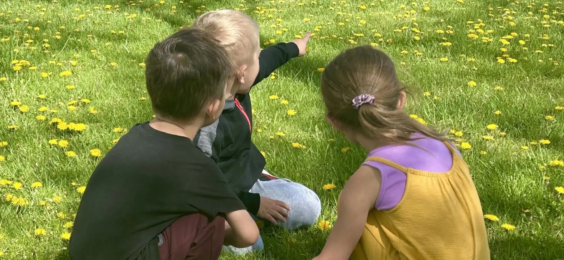 Three children are playing in the grass together.